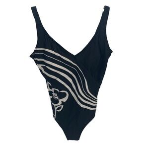 gottex Black White Women’s  V Neck One Piece Swimsuit Size 14 Flower Stripes